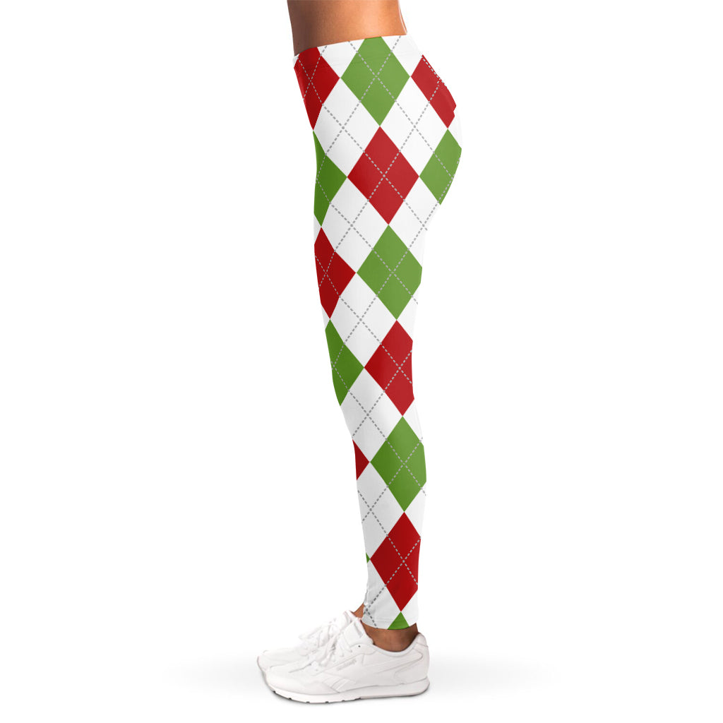 White Red And Green Argyle Pattern Print Women's Leggings