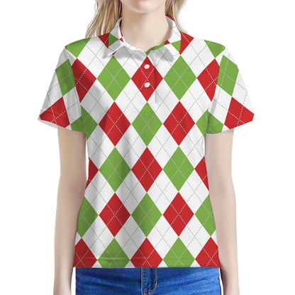 White Red And Green Argyle Pattern Print Women's Polo Shirt