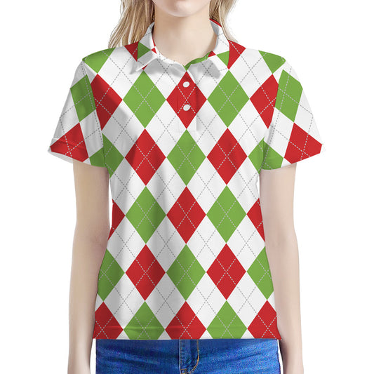 White Red And Green Argyle Pattern Print Women's Polo Shirt