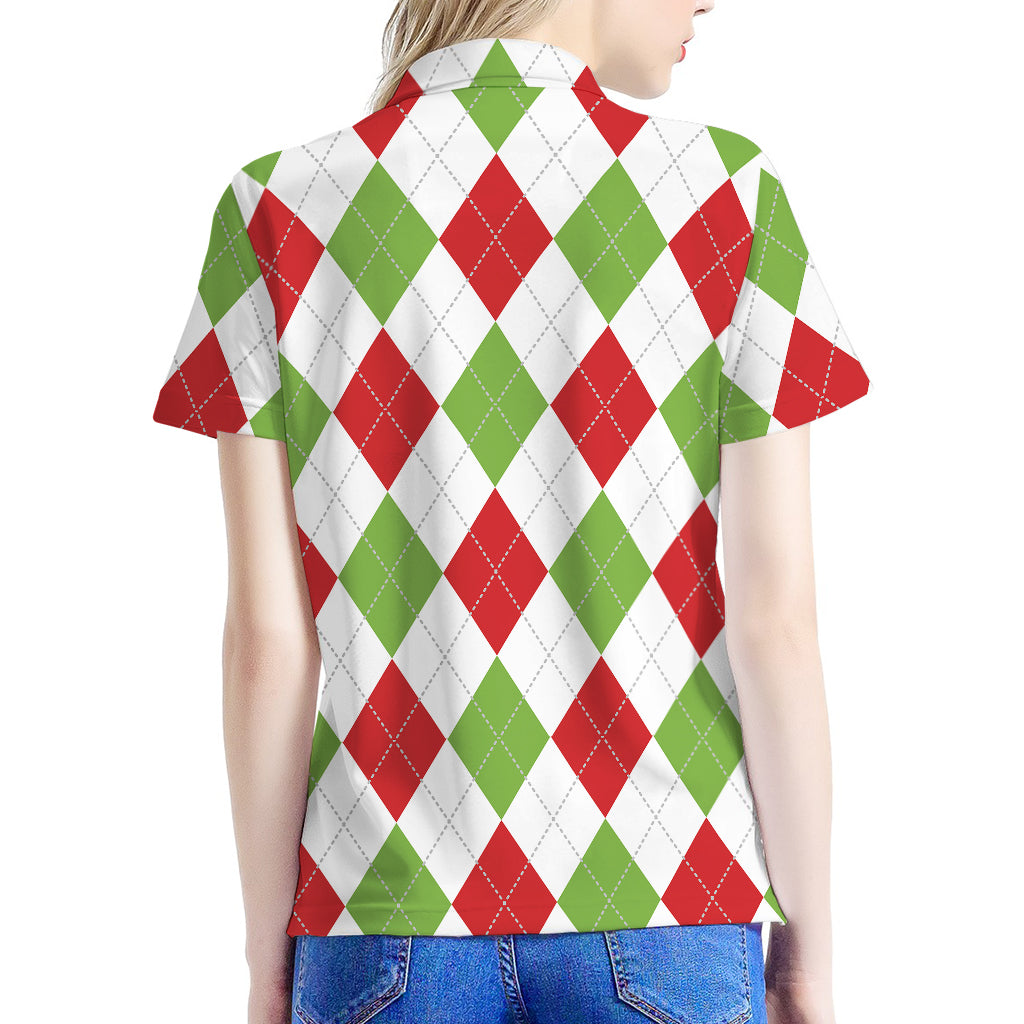 White Red And Green Argyle Pattern Print Women's Polo Shirt
