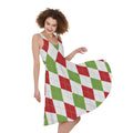 White Red And Green Argyle Pattern Print Sleeveless Knee Length Dress