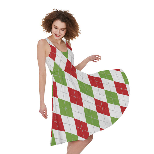 White Red And Green Argyle Pattern Print Women's Sleeveless Dress