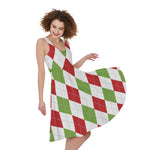 White Red And Green Argyle Pattern Print Women's Sleeveless Dress