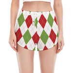 White Red And Green Argyle Pattern Print Women's Split Running Shorts