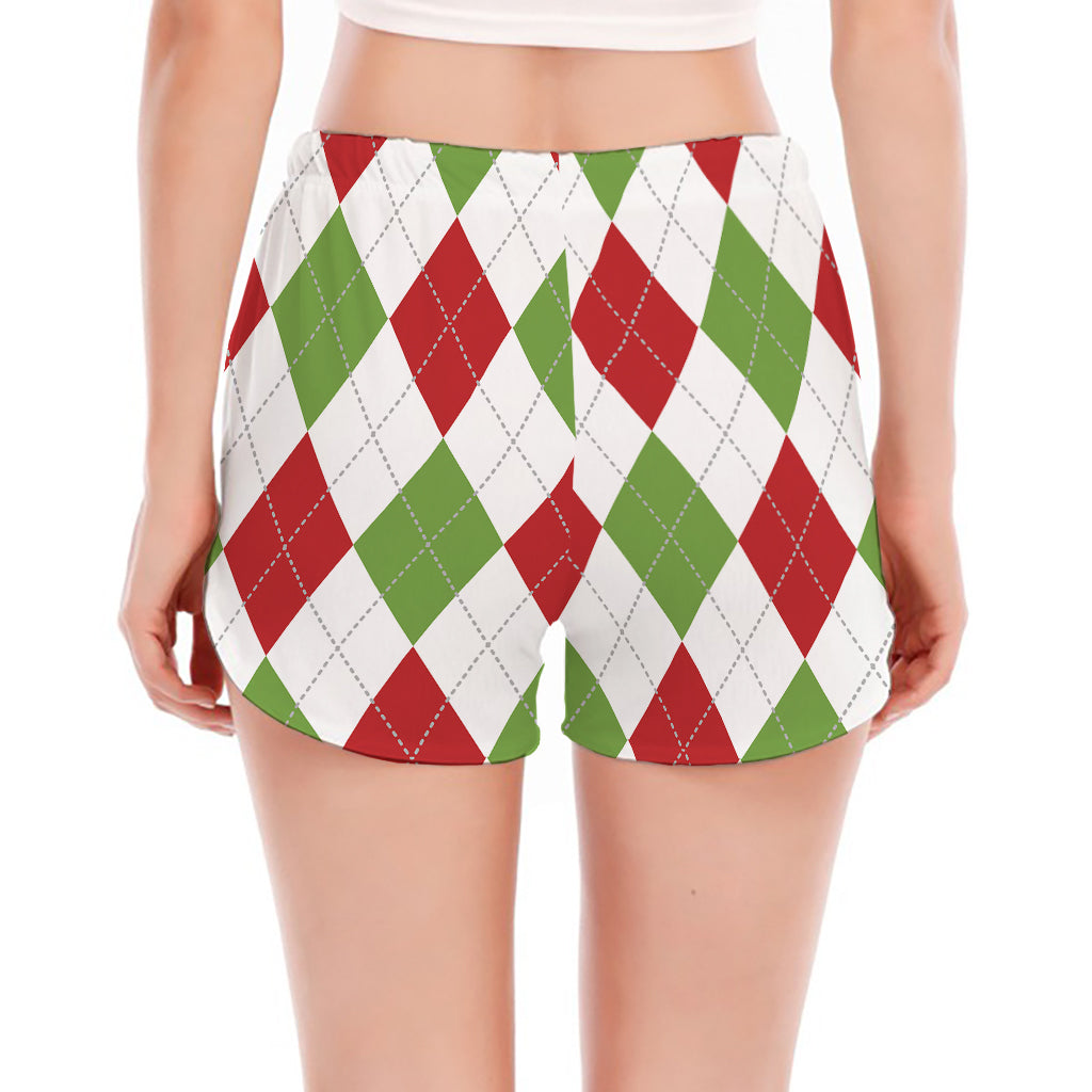 White Red And Green Argyle Pattern Print Women's Split Running Shorts