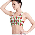 White Red And Green Argyle Pattern Print Women's Sports Bra