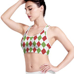 White Red And Green Argyle Pattern Print Women's Sports Bra