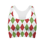 White Red And Green Argyle Pattern Print Women's Sports Bra