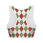 White Red And Green Argyle Pattern Print Women's Sports Bra