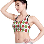 White Red And Green Argyle Pattern Print Women's Sports Bra