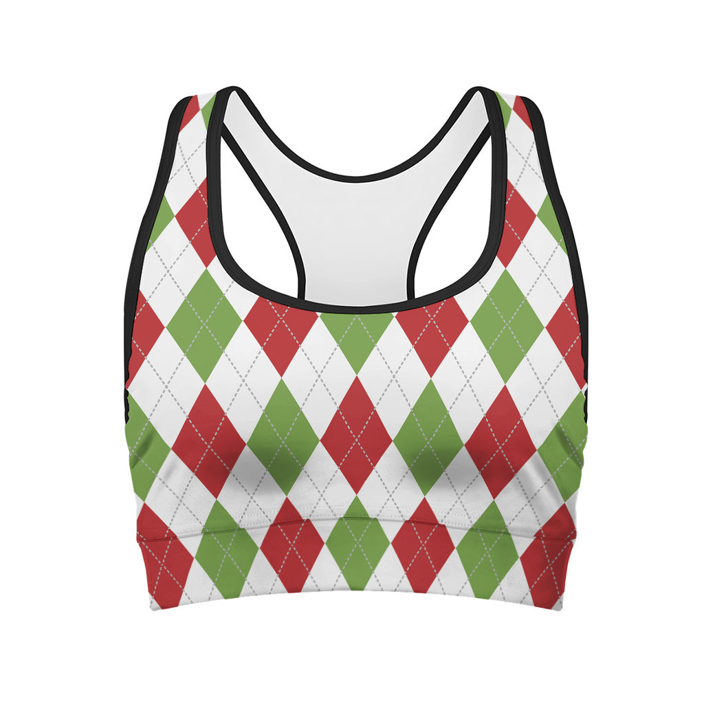 White Red And Green Argyle Pattern Print Women's Sports Bra