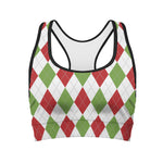 White Red And Green Argyle Pattern Print Women's Sports Bra