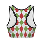 White Red And Green Argyle Pattern Print Women's Sports Bra