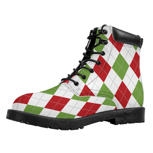 White Red And Green Argyle Pattern Print Work Boots
