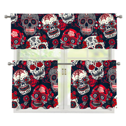 White Red Sugar Skull Pattern Print 3 Piece Kitchen Curtains