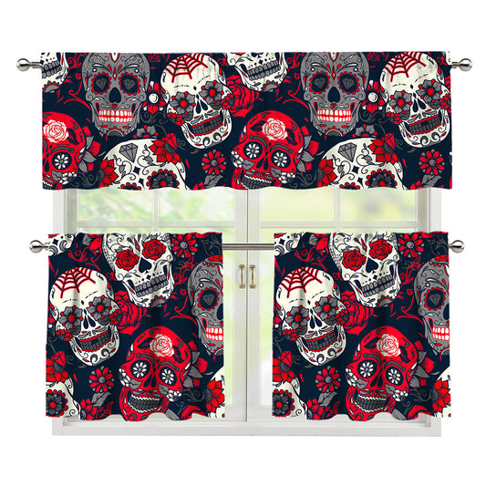 White Red Sugar Skull Pattern Print 3 Piece Kitchen Curtains