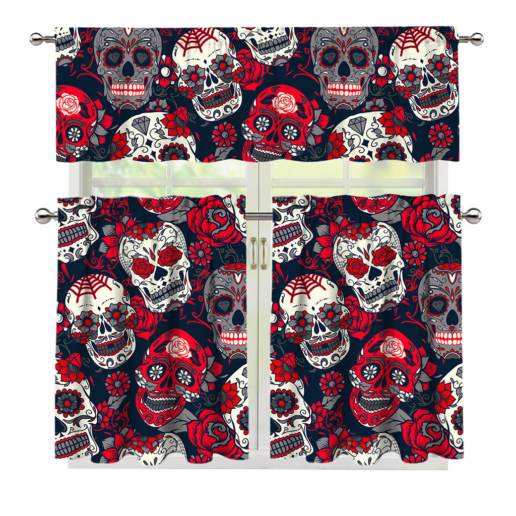 White Red Sugar Skull Pattern Print 3 Piece Kitchen Curtains