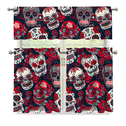 White Red Sugar Skull Pattern Print 3 Piece Kitchen Curtains