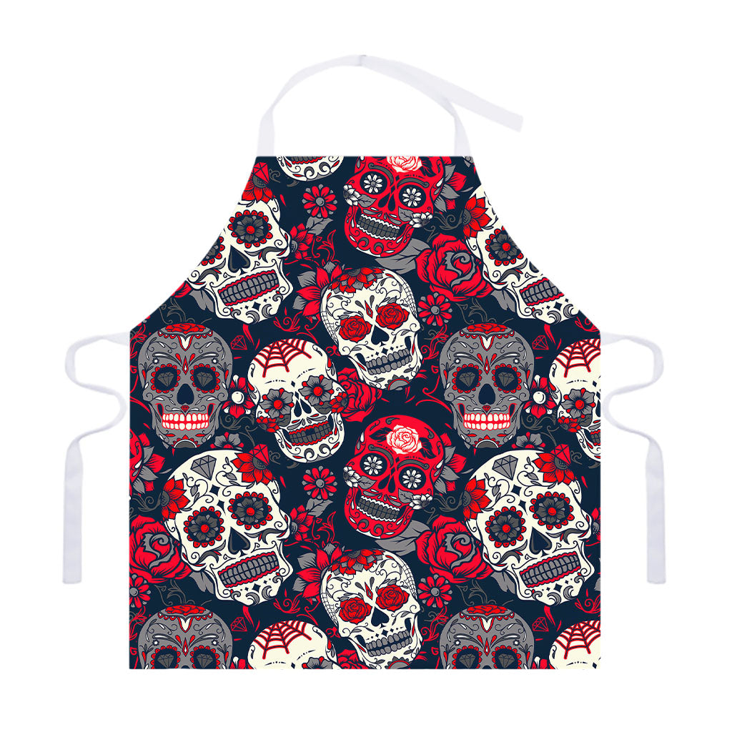 White Red Sugar Skull Pattern Print Adjustable Apron