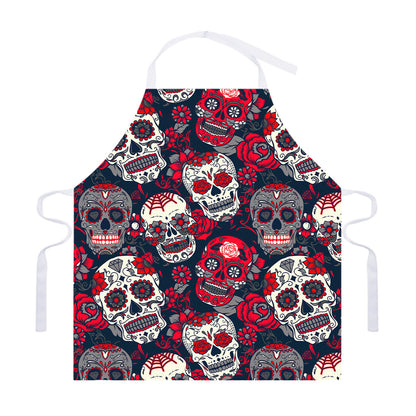 White Red Sugar Skull Pattern Print Adjustable Apron