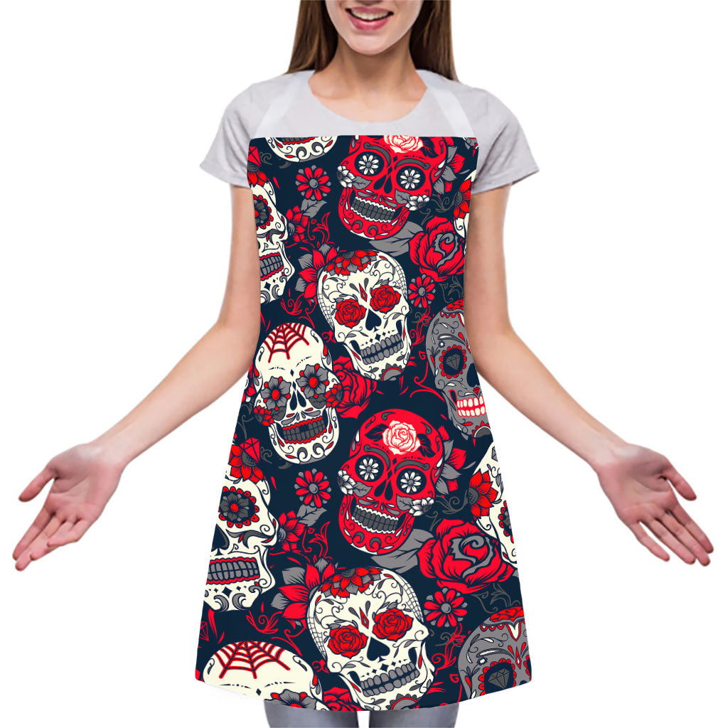 White Red Sugar Skull Pattern Print Adjustable Apron