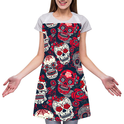 White Red Sugar Skull Pattern Print Adjustable Apron