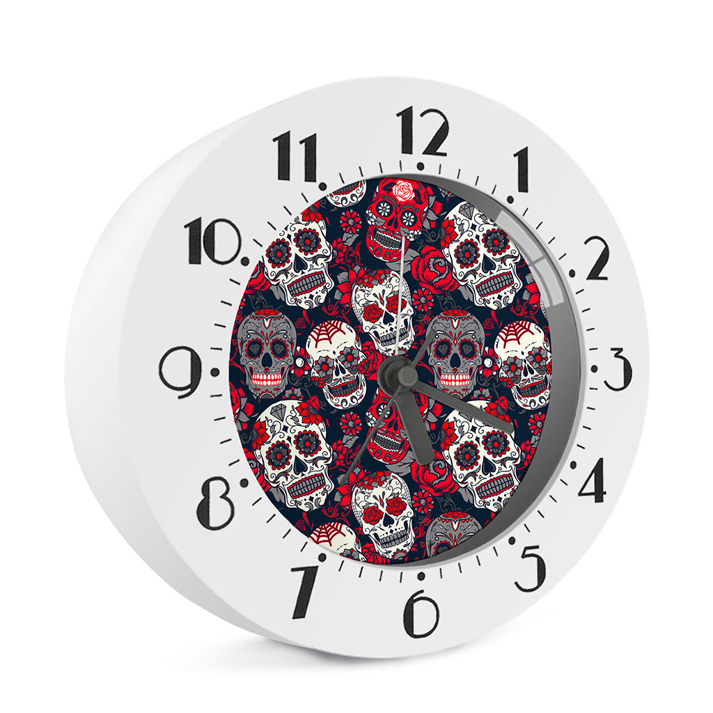 White Red Sugar Skull Pattern Print Alarm Clock