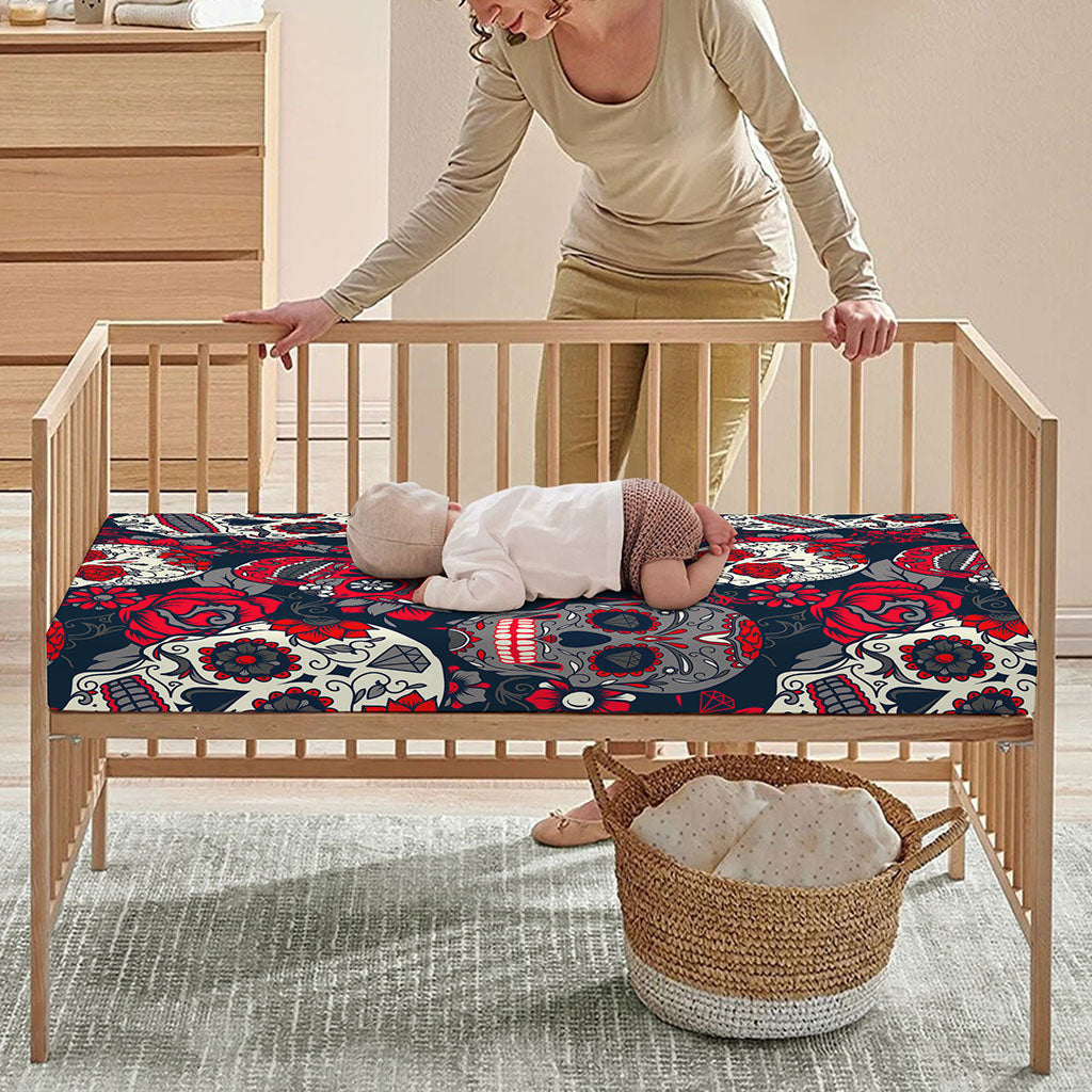 White Red Sugar Skull Pattern Print Baby Crib Sheet