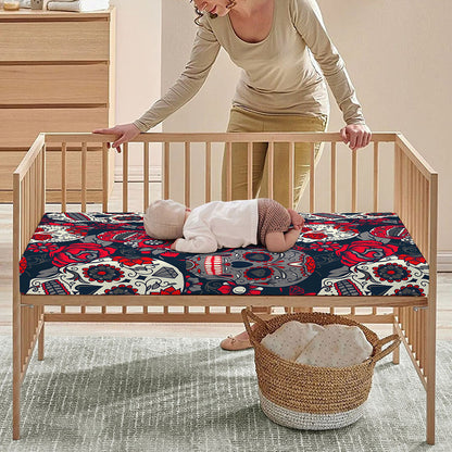 White Red Sugar Skull Pattern Print Baby Crib Sheet
