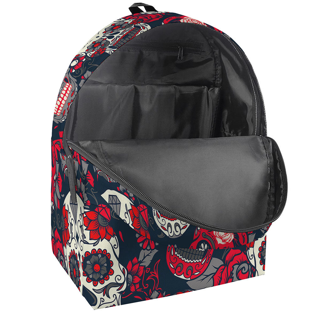 White Red Sugar Skull Pattern Print Backpack