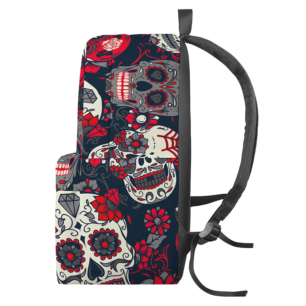 White Red Sugar Skull Pattern Print Backpack