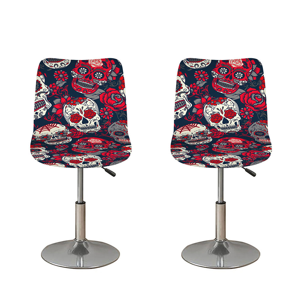 White Red Sugar Skull Pattern Print Bar Stool Covers