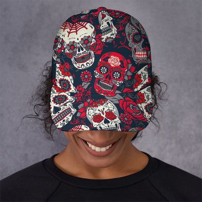 White Red Sugar Skull Pattern Print Baseball Cap