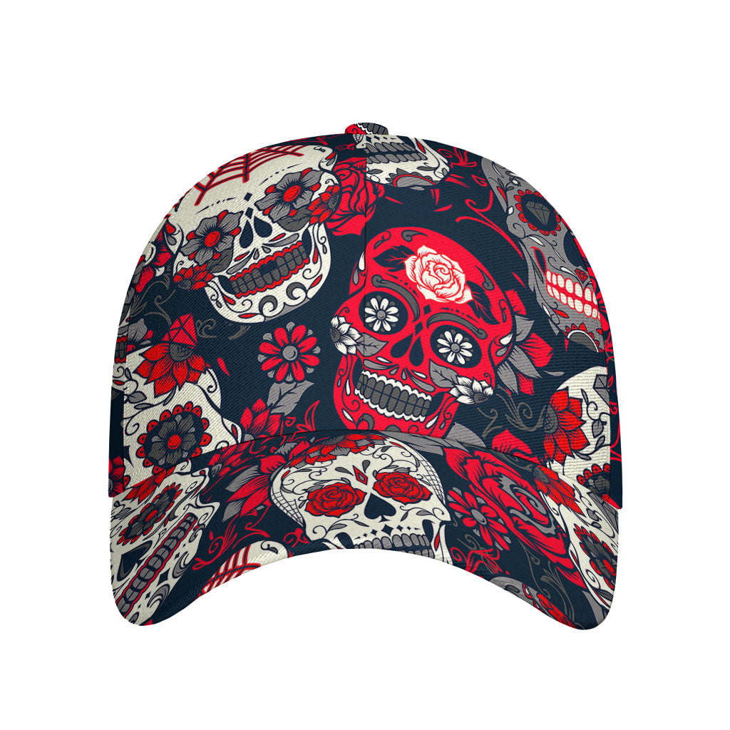 White Red Sugar Skull Pattern Print Baseball Cap