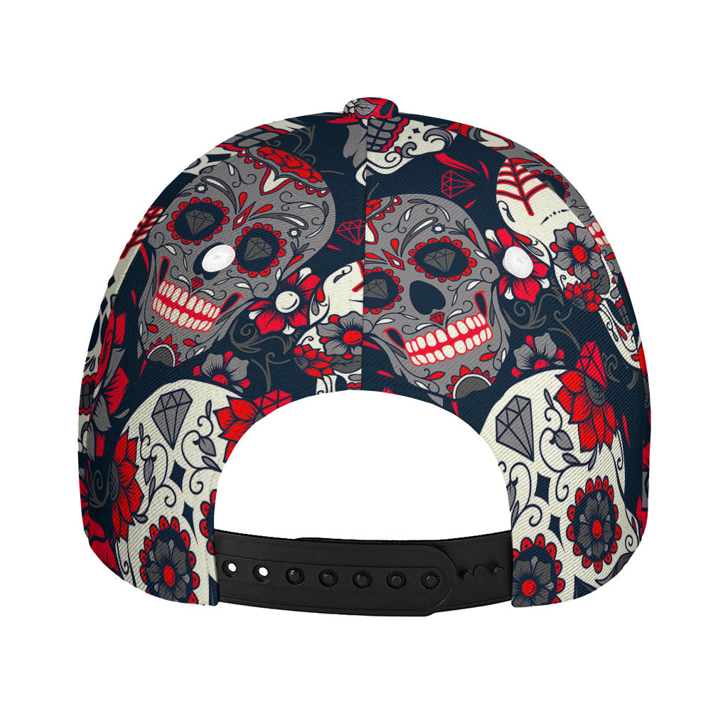 White Red Sugar Skull Pattern Print Baseball Cap