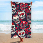 White Red Sugar Skull Pattern Print Beach Towel