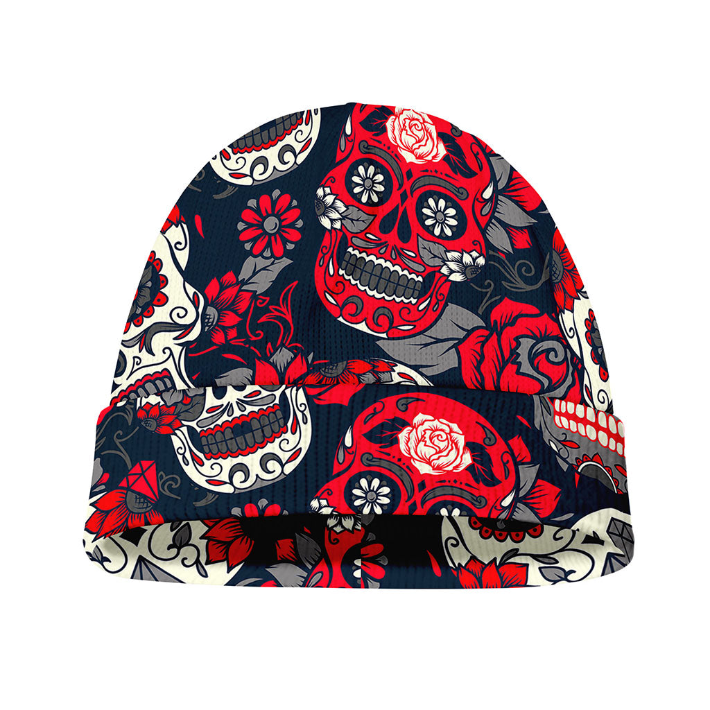 White Red Sugar Skull Pattern Print Beanie