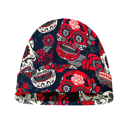 White Red Sugar Skull Pattern Print Beanie