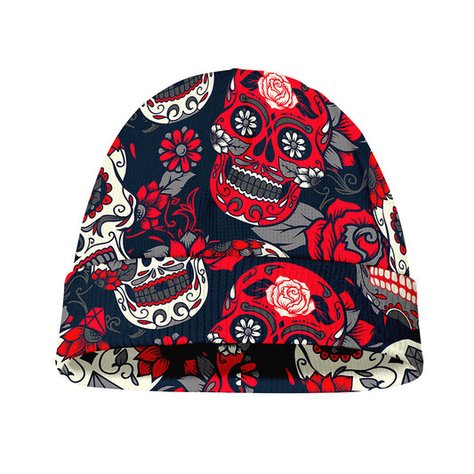 White Red Sugar Skull Pattern Print Beanie