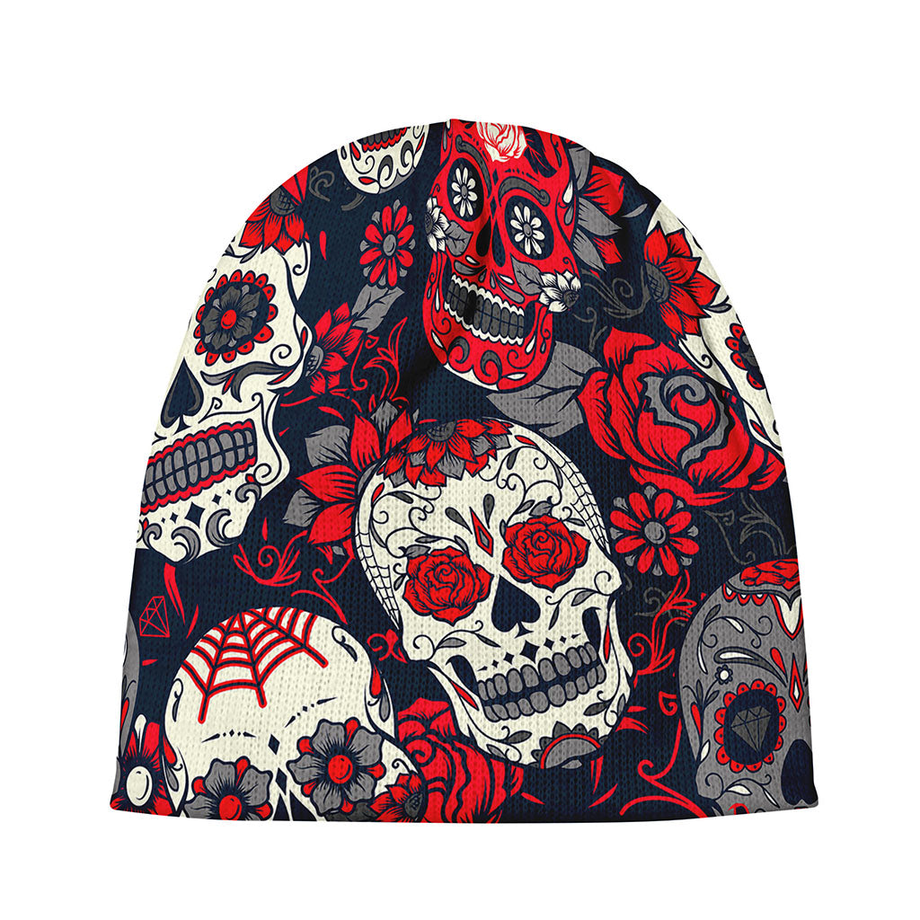 White Red Sugar Skull Pattern Print Beanie