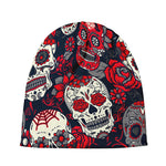 White Red Sugar Skull Pattern Print Beanie