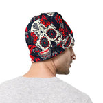 White Red Sugar Skull Pattern Print Beanie