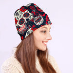 White Red Sugar Skull Pattern Print Beanie