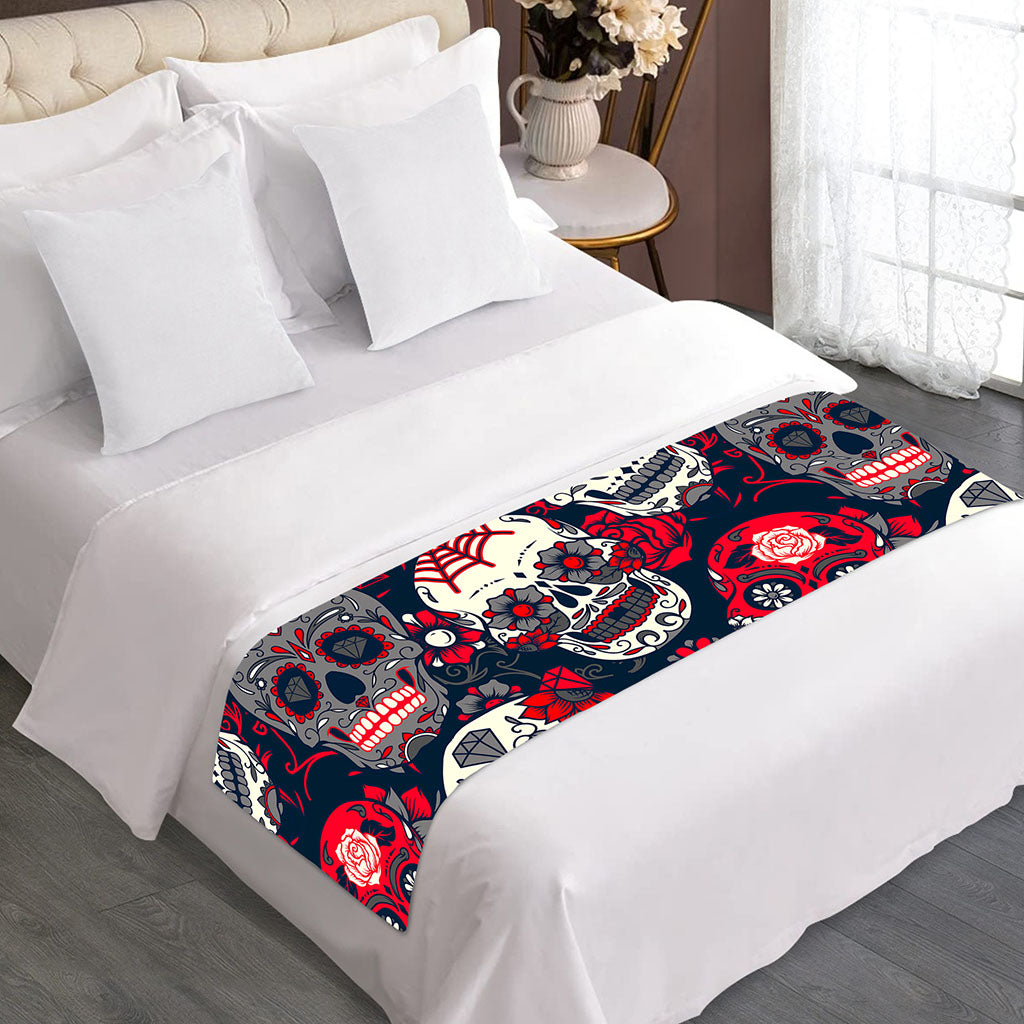 White Red Sugar Skull Pattern Print Bed Runner