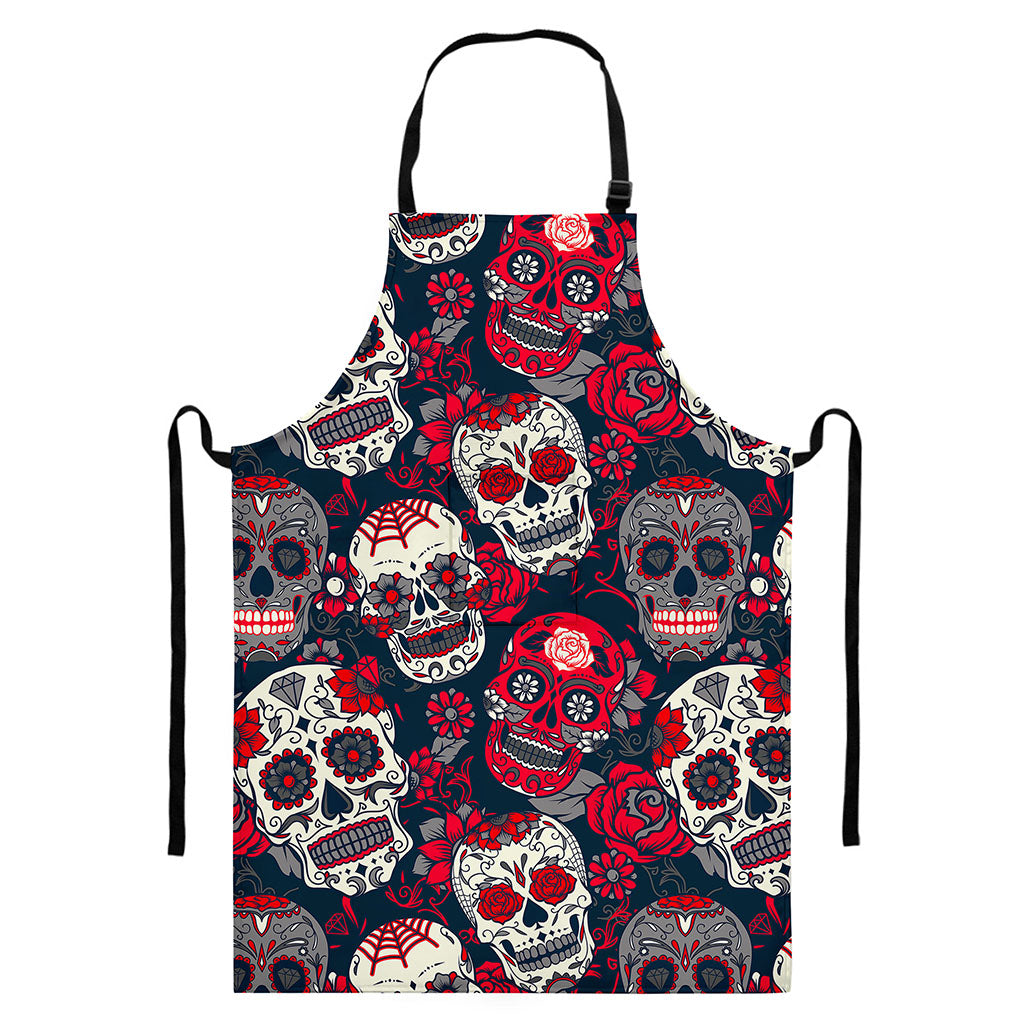 White Red Sugar Skull Pattern Print Bib Apron With Pocket