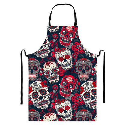 White Red Sugar Skull Pattern Print Bib Apron With Pocket