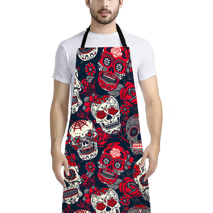 White Red Sugar Skull Pattern Print Bib Apron With Pocket