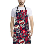 White Red Sugar Skull Pattern Print Bib Apron With Pocket