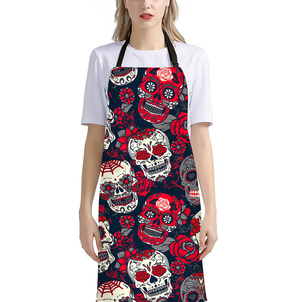 White Red Sugar Skull Pattern Print Bib Apron With Pocket