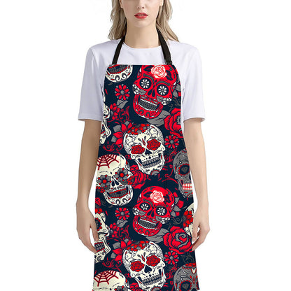 White Red Sugar Skull Pattern Print Bib Apron With Pocket